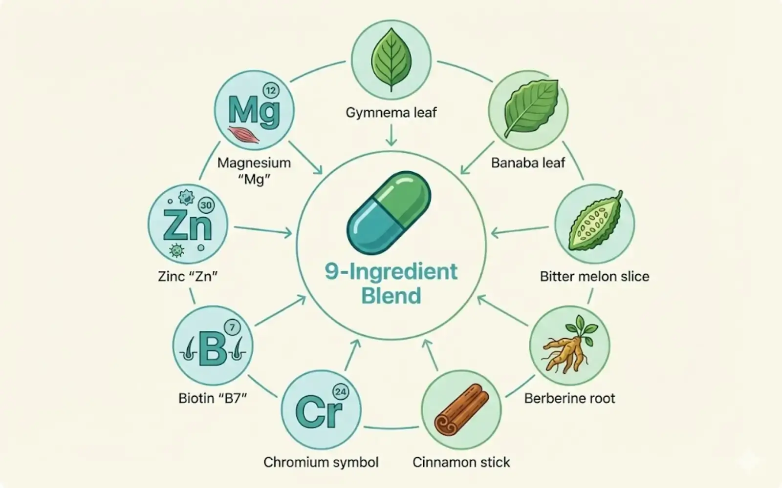 Infographic showing nine GlucosTrol ingredients grouped as botanicals and minerals (educational map)