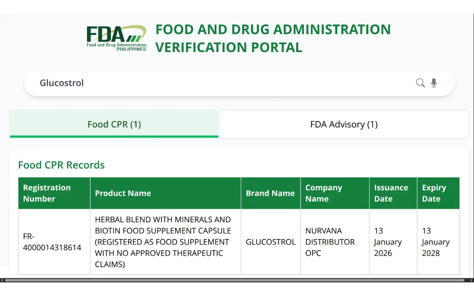 PH FDA verification portal record for GlucosTrol showing Food CPR FR-4000014318614 with issuance date January 13 2026 and expiry date January 13 2028