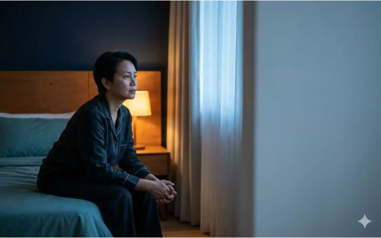 Filipino adult awake at night sitting on bed, tired and thinking (nocturia context)