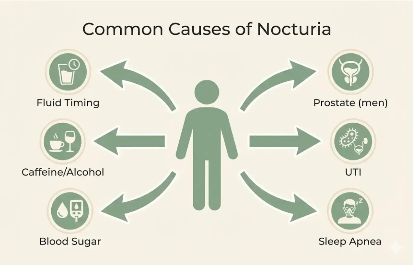 Infographic listing common causes of nocturia: fluid timing, caffeine, blood sugar, prostate, UTI, sleep apnea