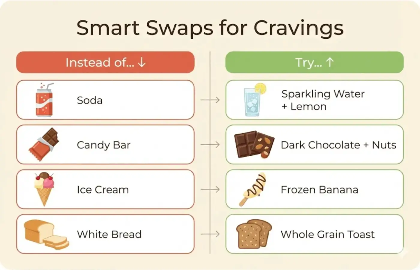 Infographic chart of smart swaps: soda to sparkling water, candy to dark chocolate and nuts, ice cream to frozen banana, white bread to whole grain toast