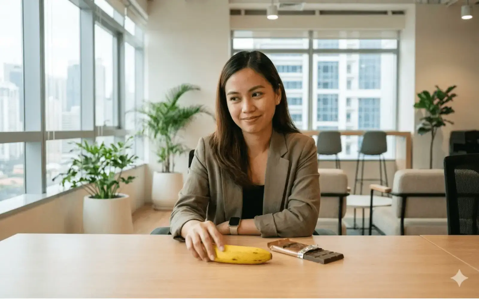 Filipino office worker choosing between healthier snack and sweets, calm and thoughtful (sugar cravings context)