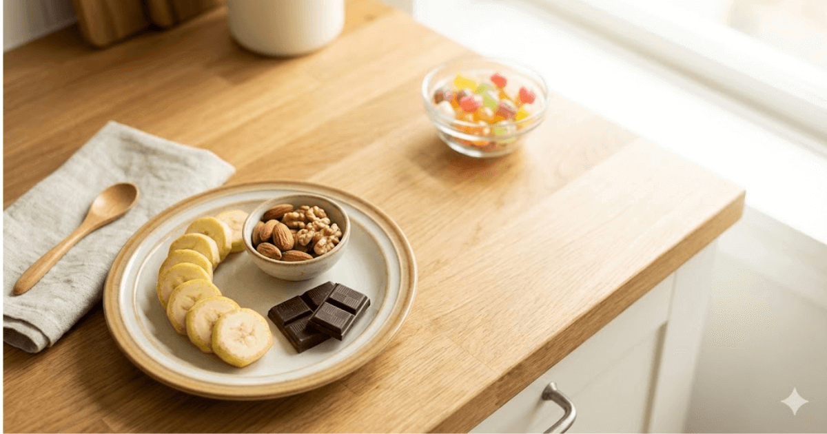 Healthy snack options beside sweets on a kitchen counter, representing practical sugar cravings management