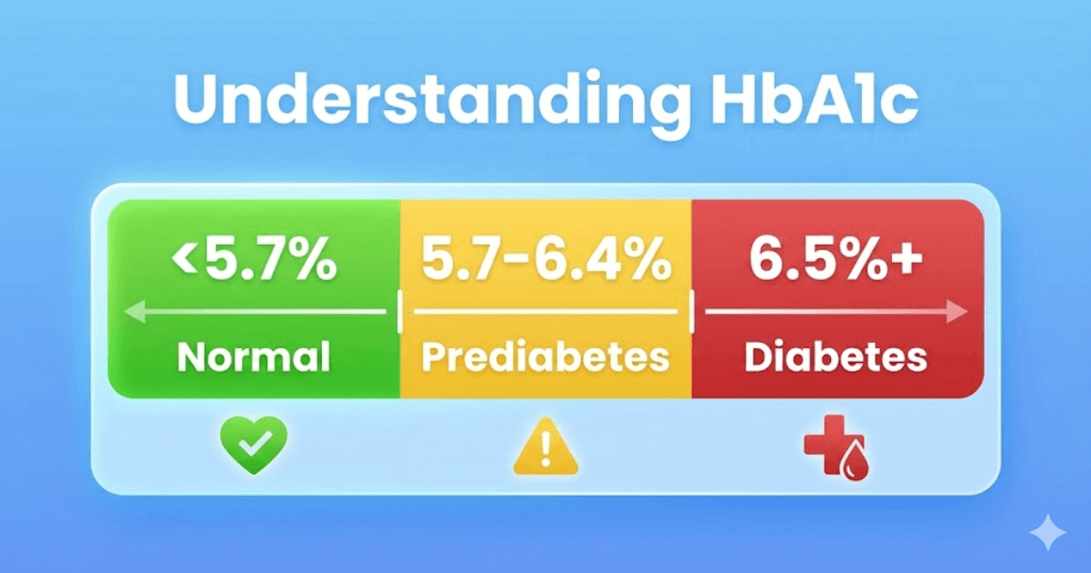 HbA1c reference ranges chart (normal, prediabetes, diabetes) with clear labels