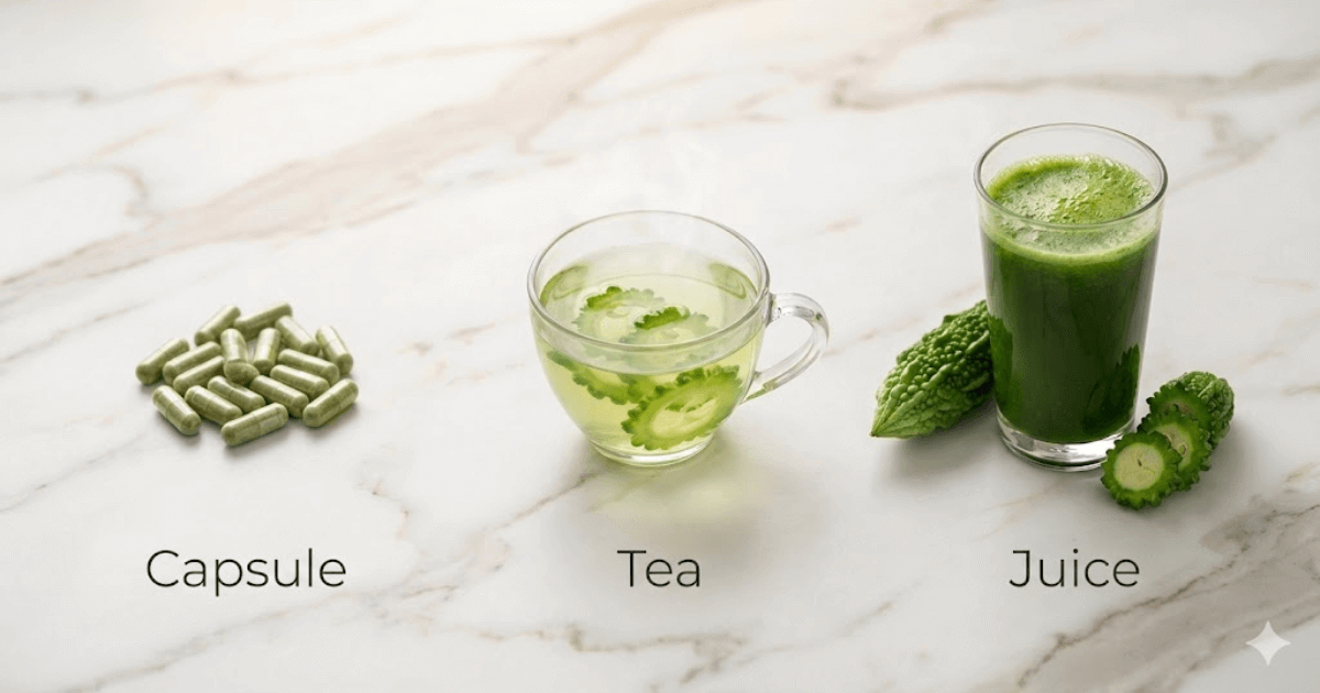 Flat-lay showing capsules, tea, and juice forms of ampalaya for comparison