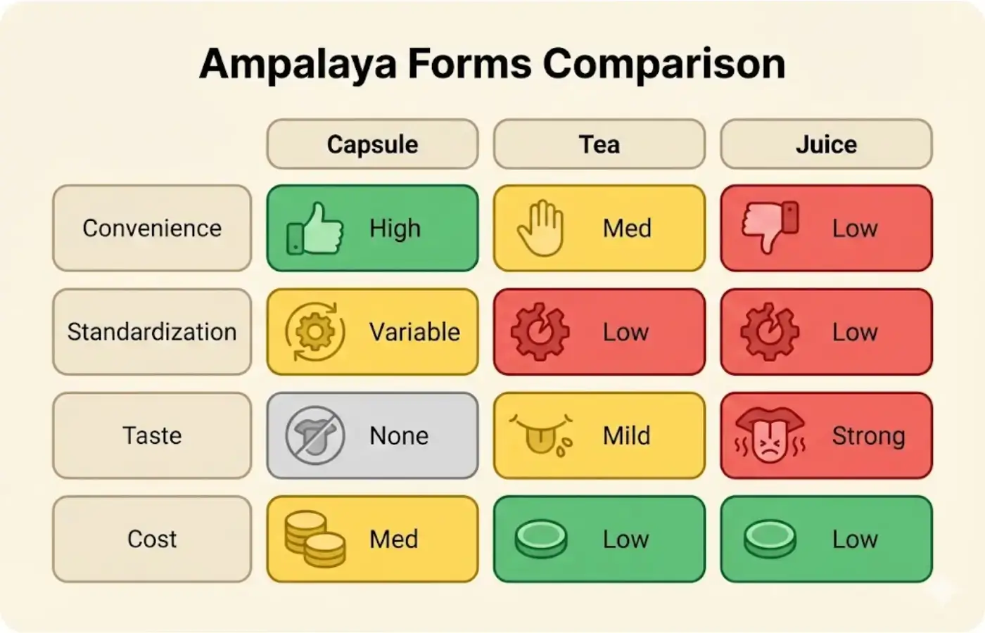 Comparison table of ampalaya forms (capsule, tea, juice) across convenience, standardization, taste, and cost