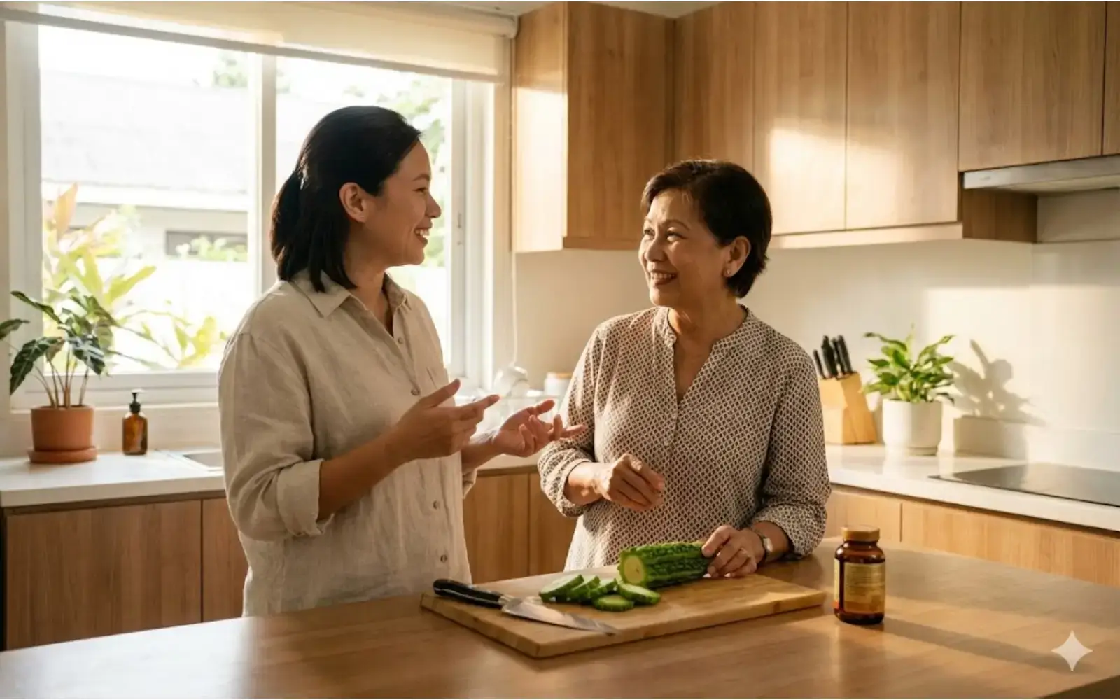 Filipino lola and daughter preparing bitter melon in kitchen, discussing capsule vs tea options