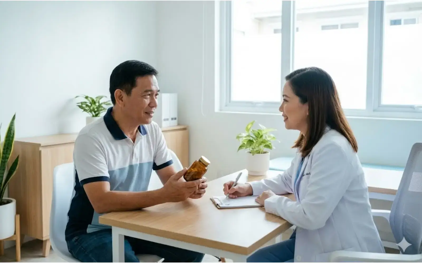 Filipino patient consulting a clinician about supplements and prescriptions (safe decision-making)