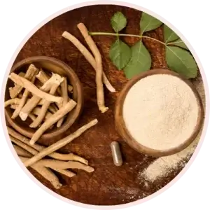 Ashwagandha roots inside a bowl over a wooden table