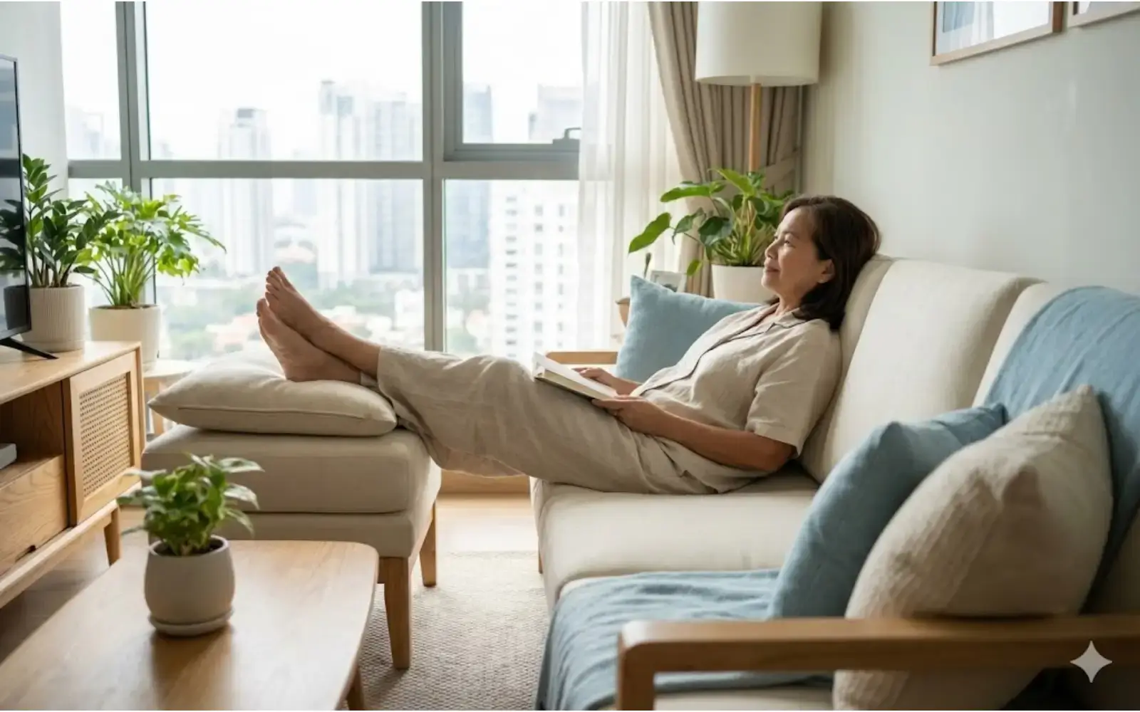 Filipino adult elevating feet on ottoman in living room for swelling relief