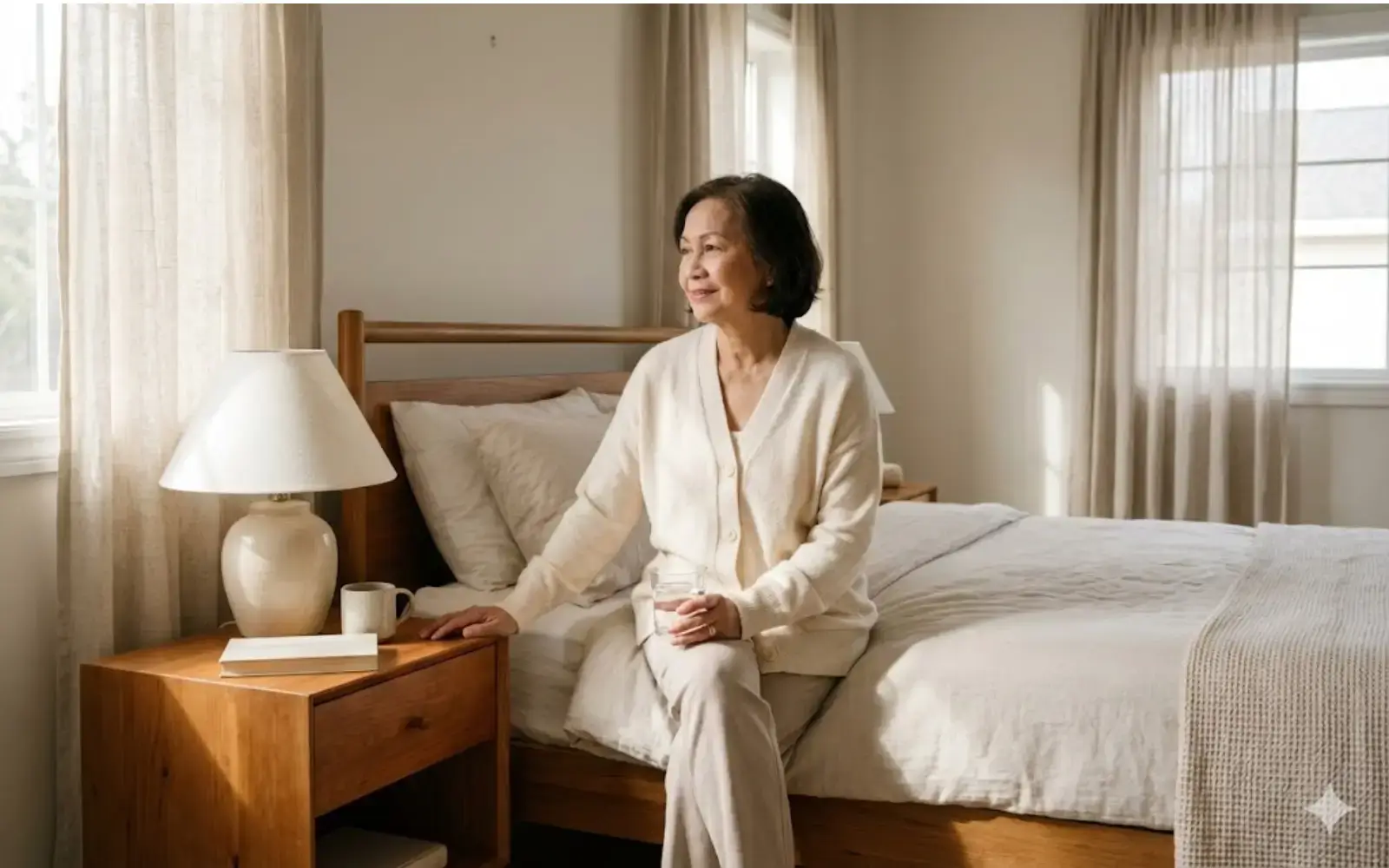 Filipino adult sitting on edge of bed, drinking water, looking steady after dizziness