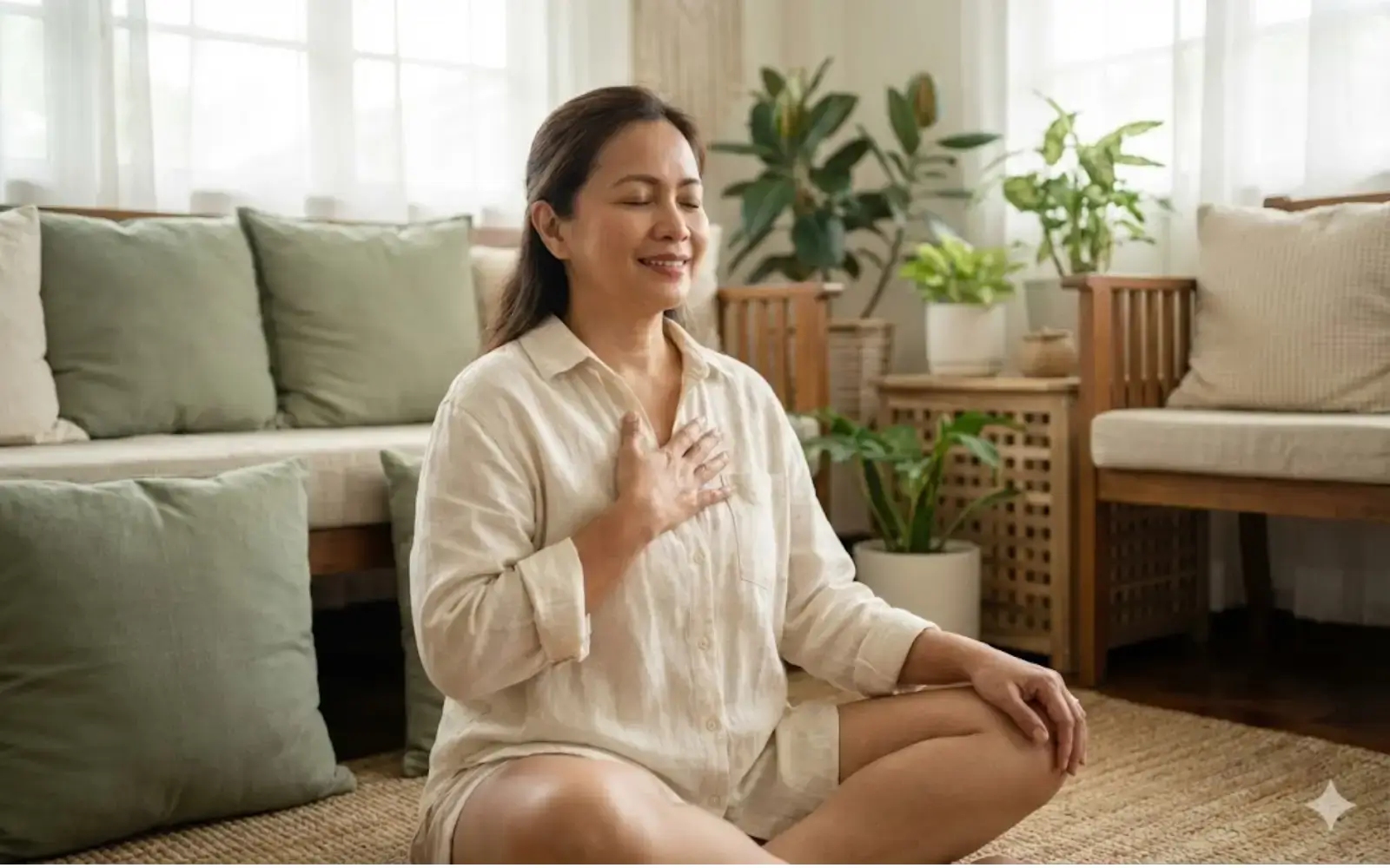 Filipino adult practicing calm breathing with hand on chest in peaceful setting