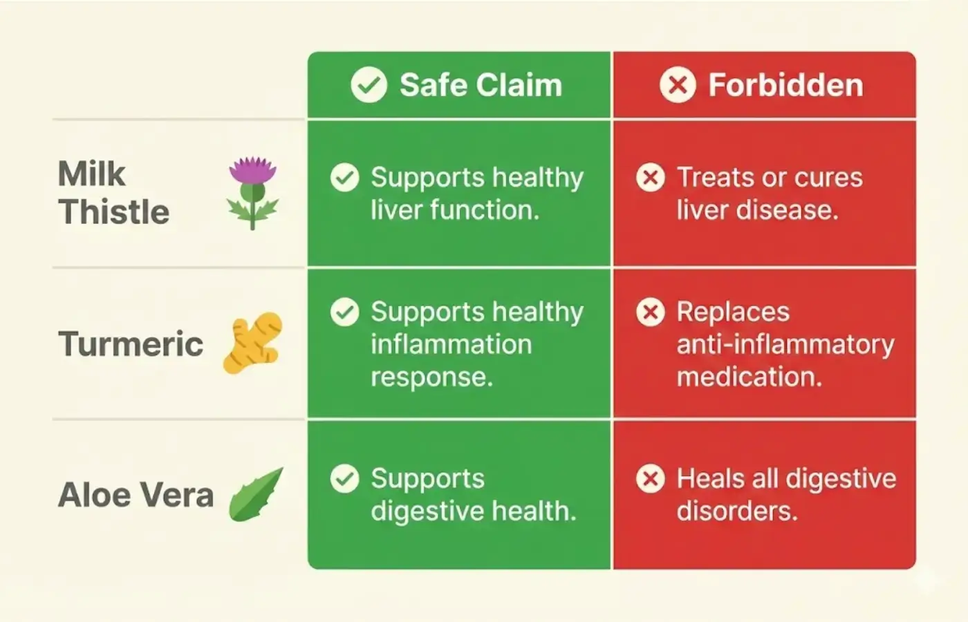 Chart showing safe vs forbidden claims for liver herbs