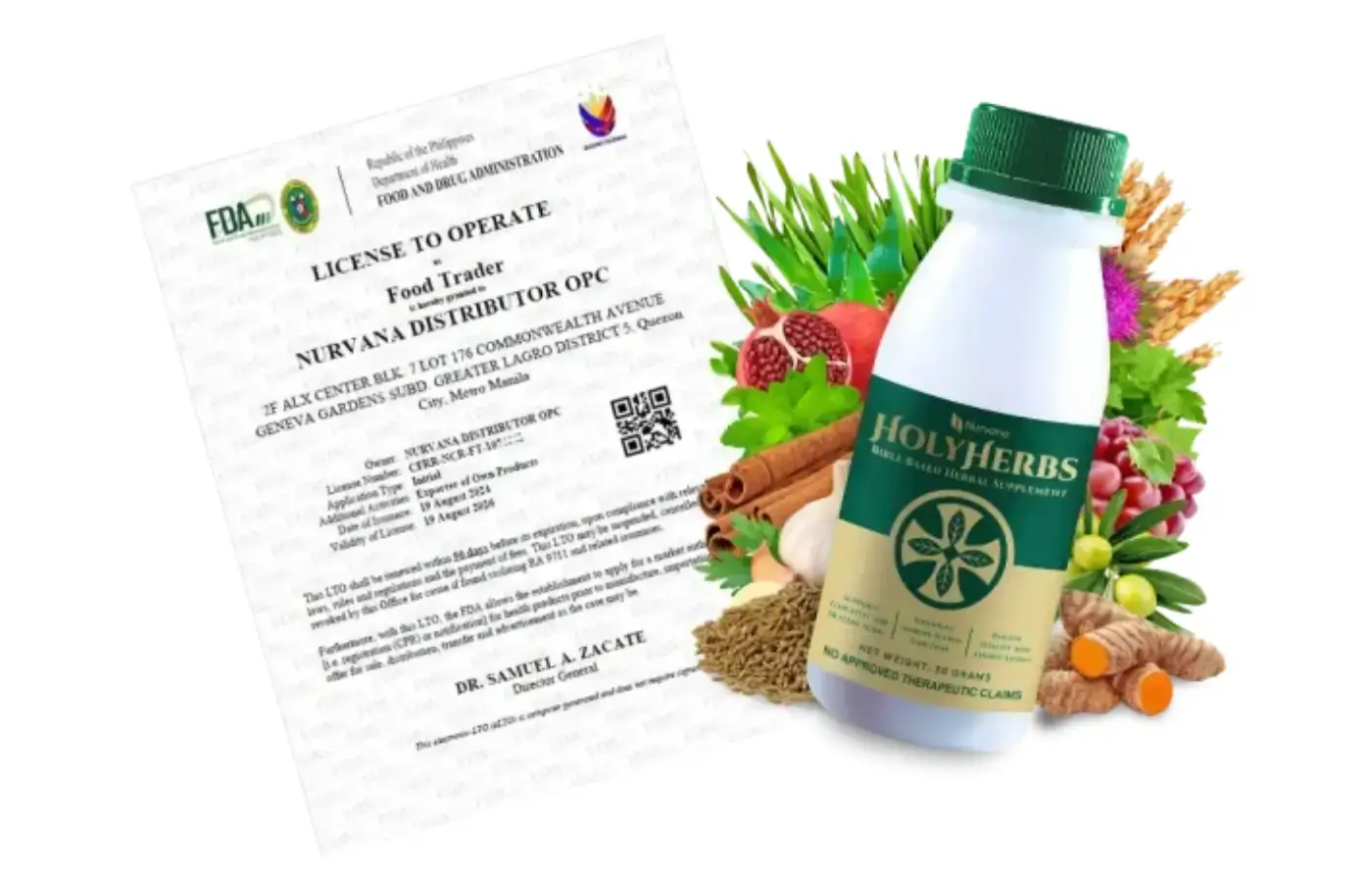 HolyHerbs bottle with natural herbal ingredients on wooden table