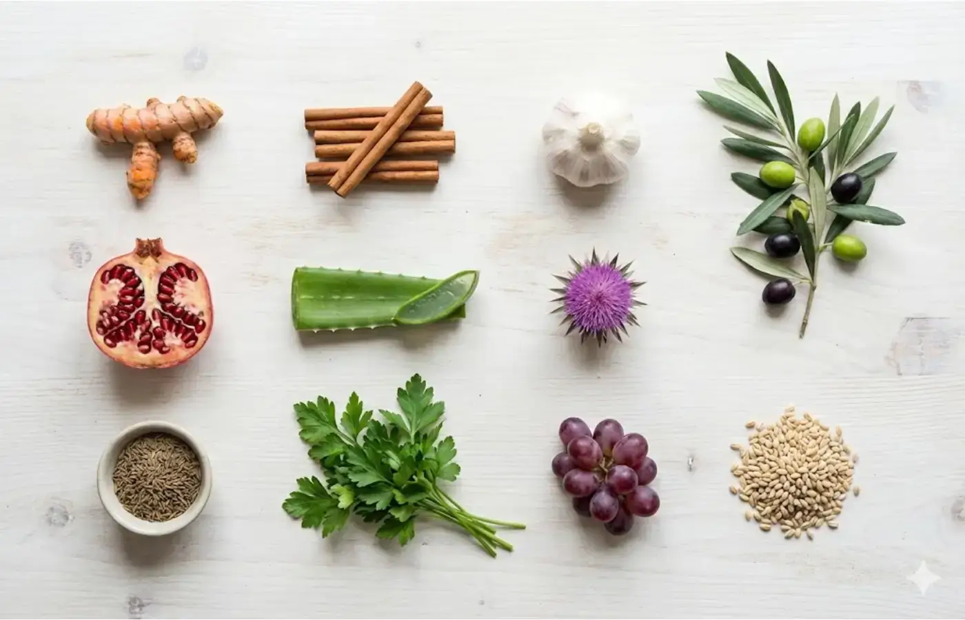 Flat lay of 12 herbal ingredients: turmeric, cinnamon, garlic, olive, pomegranate, aloe, milk thistle