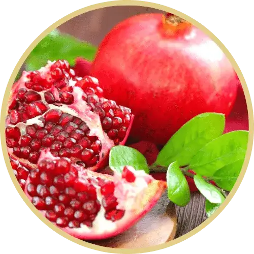 Pomegranates halves in a a table