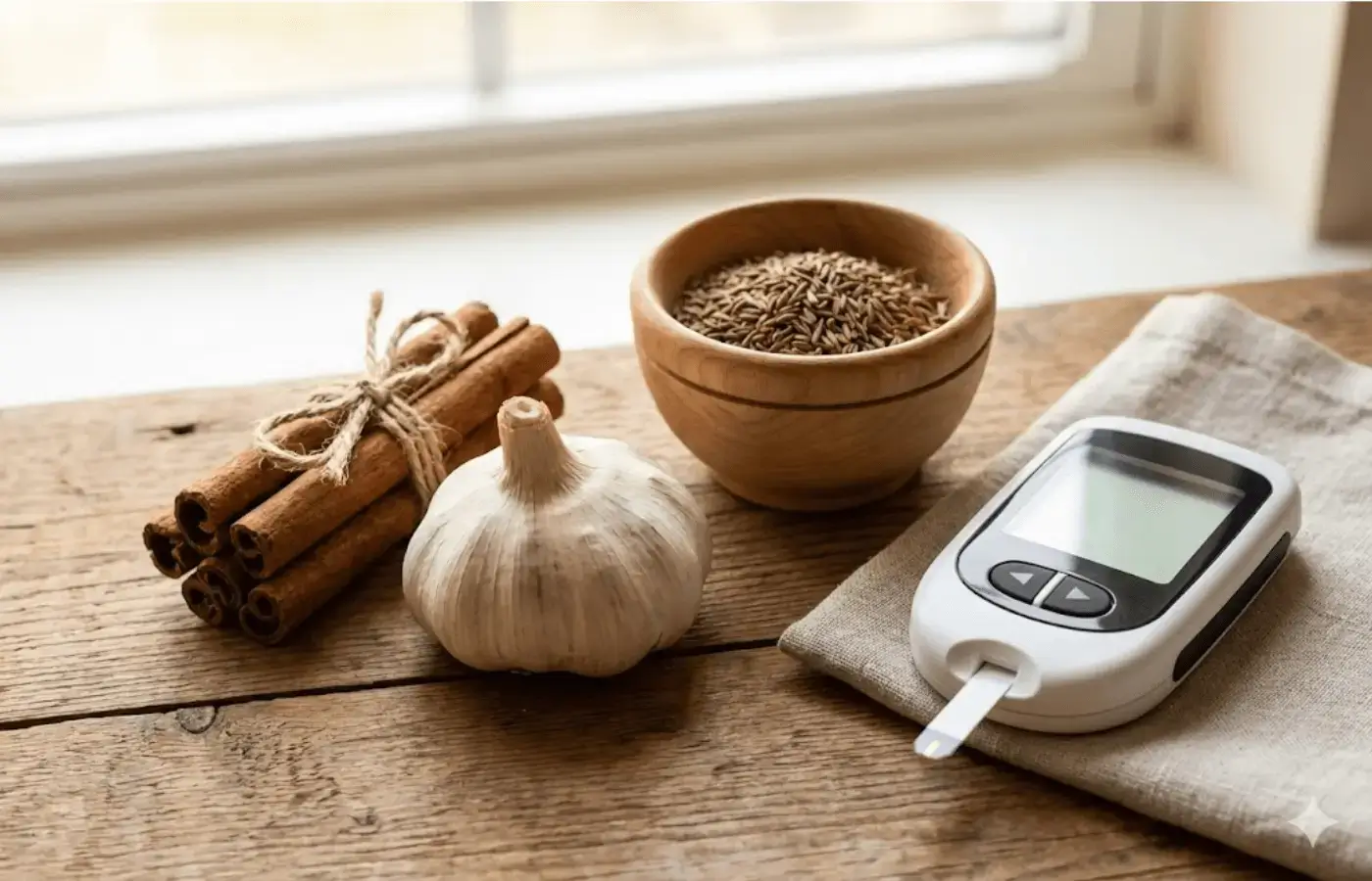 Cinnamon sticks, garlic, and cumin seeds with blood glucose meter