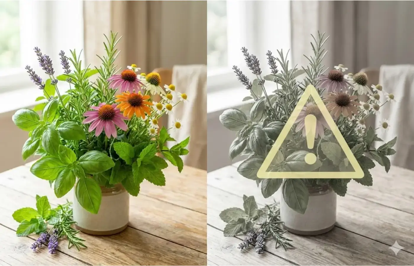 Beautiful herbs and plants with caution warning overlay