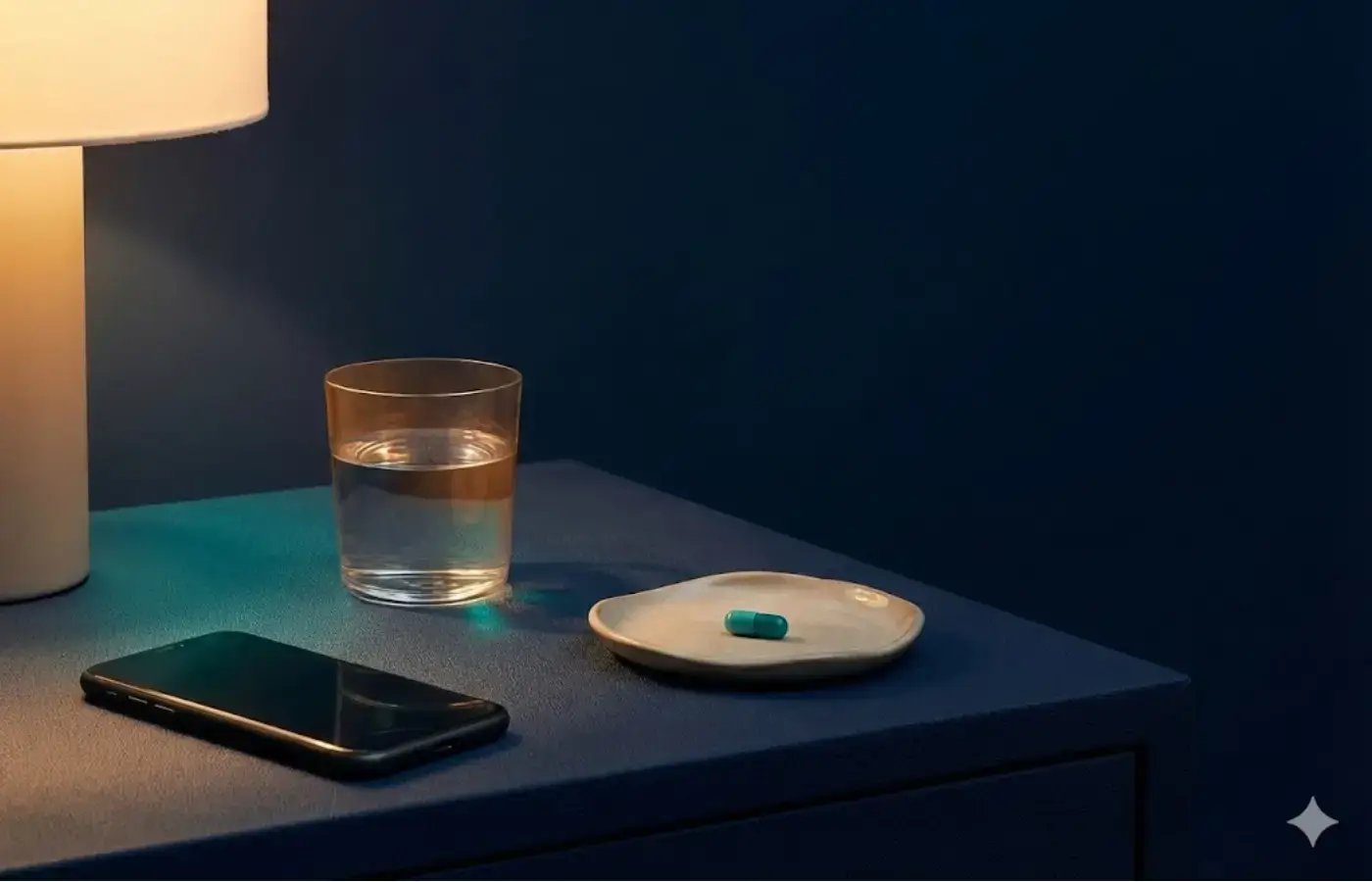 Calm night routine with a supplement capsule and warm bedroom lighting