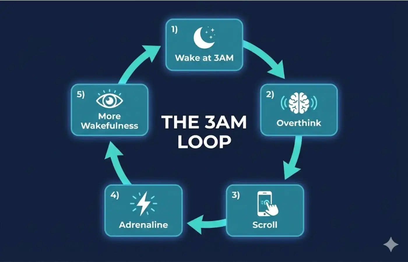 Simple diagram showing the 3AM waking loop: wake → overthink → scroll → adrenaline → wake
