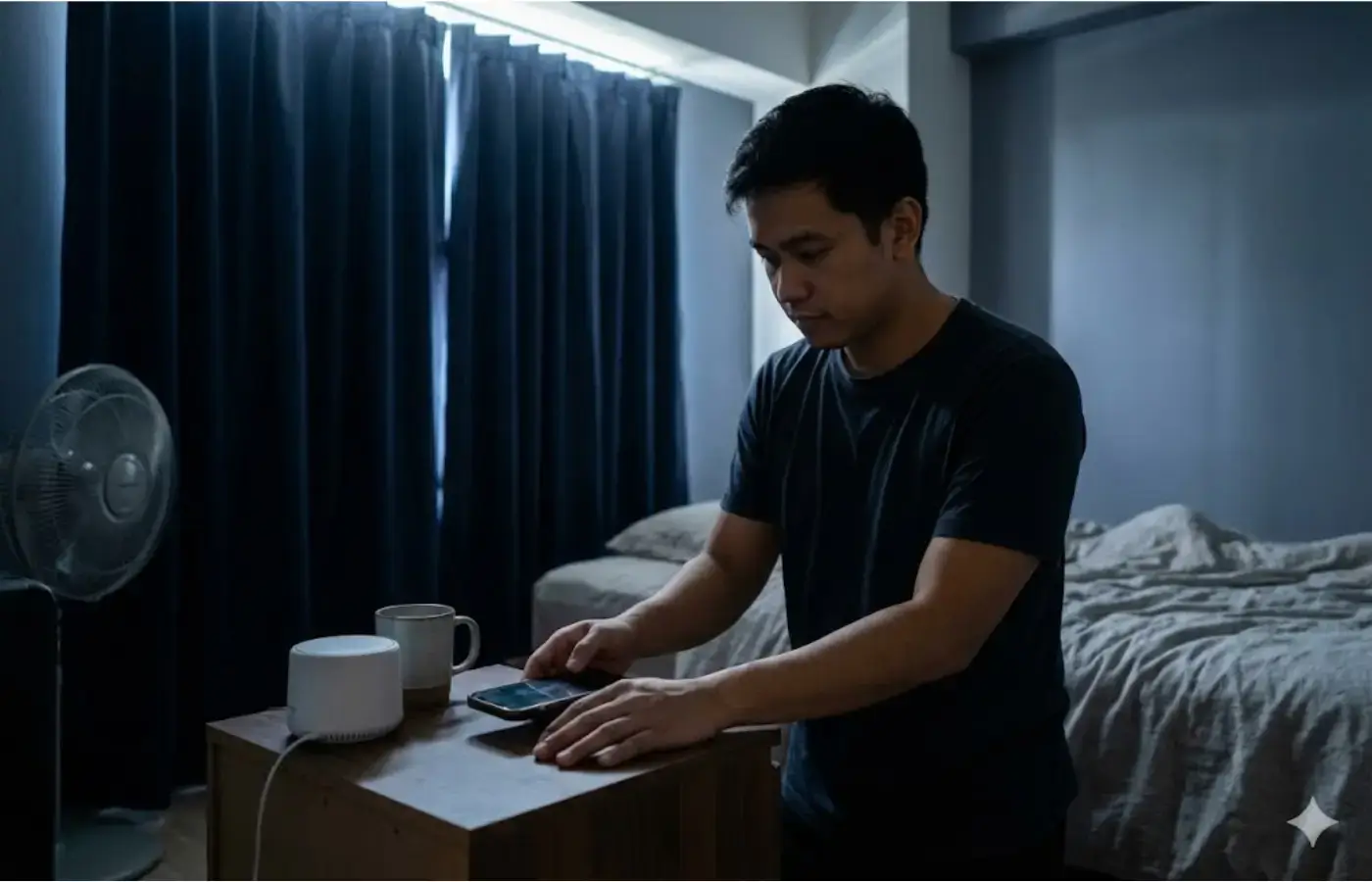 Filipino BPO worker arriving home in the morning, preparing a dark quiet room for sleep