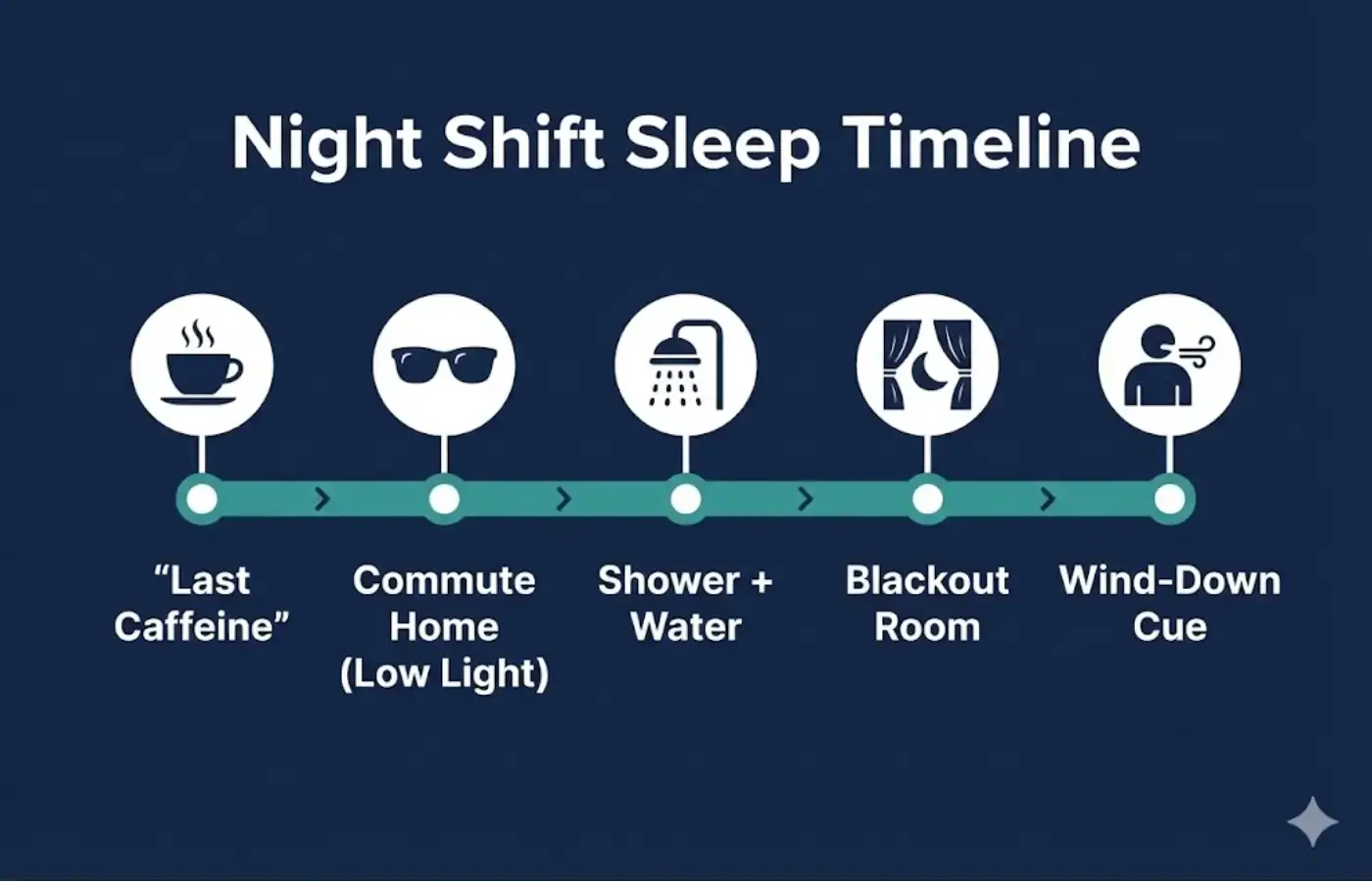 Timeline infographic showing caffeine cutoff and light control for night shift workers