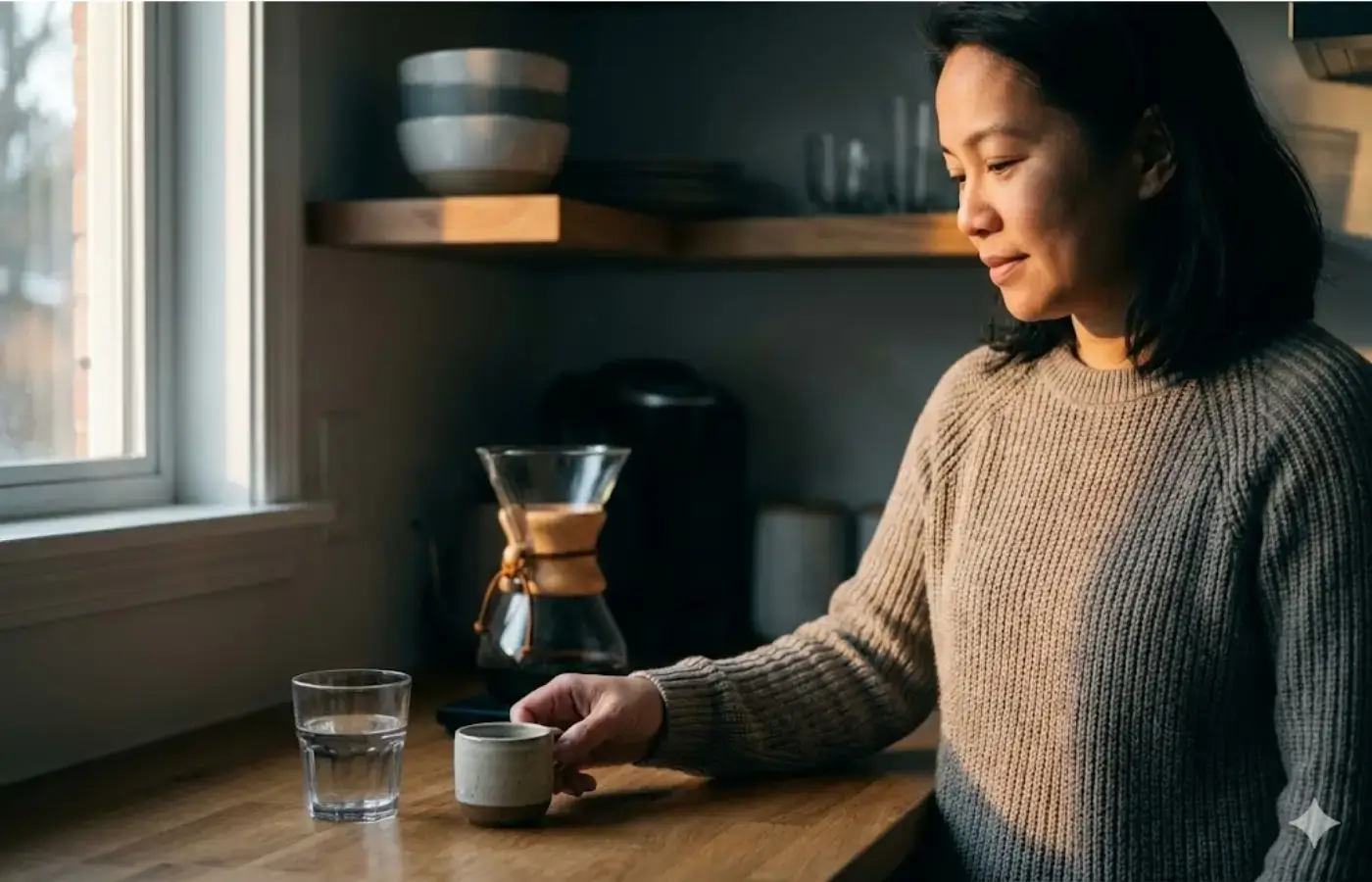 Filipino professional (late 30s) in a cozy kitchen, coffee maker in background, placing a smaller cup next to a glass of water, relaxed posture.