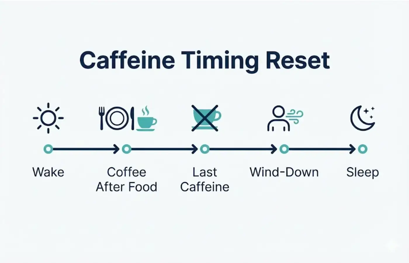 Timeline infographic showing coffee timing, caffeine cutoff, and sleep window to reduce “tired but wired”