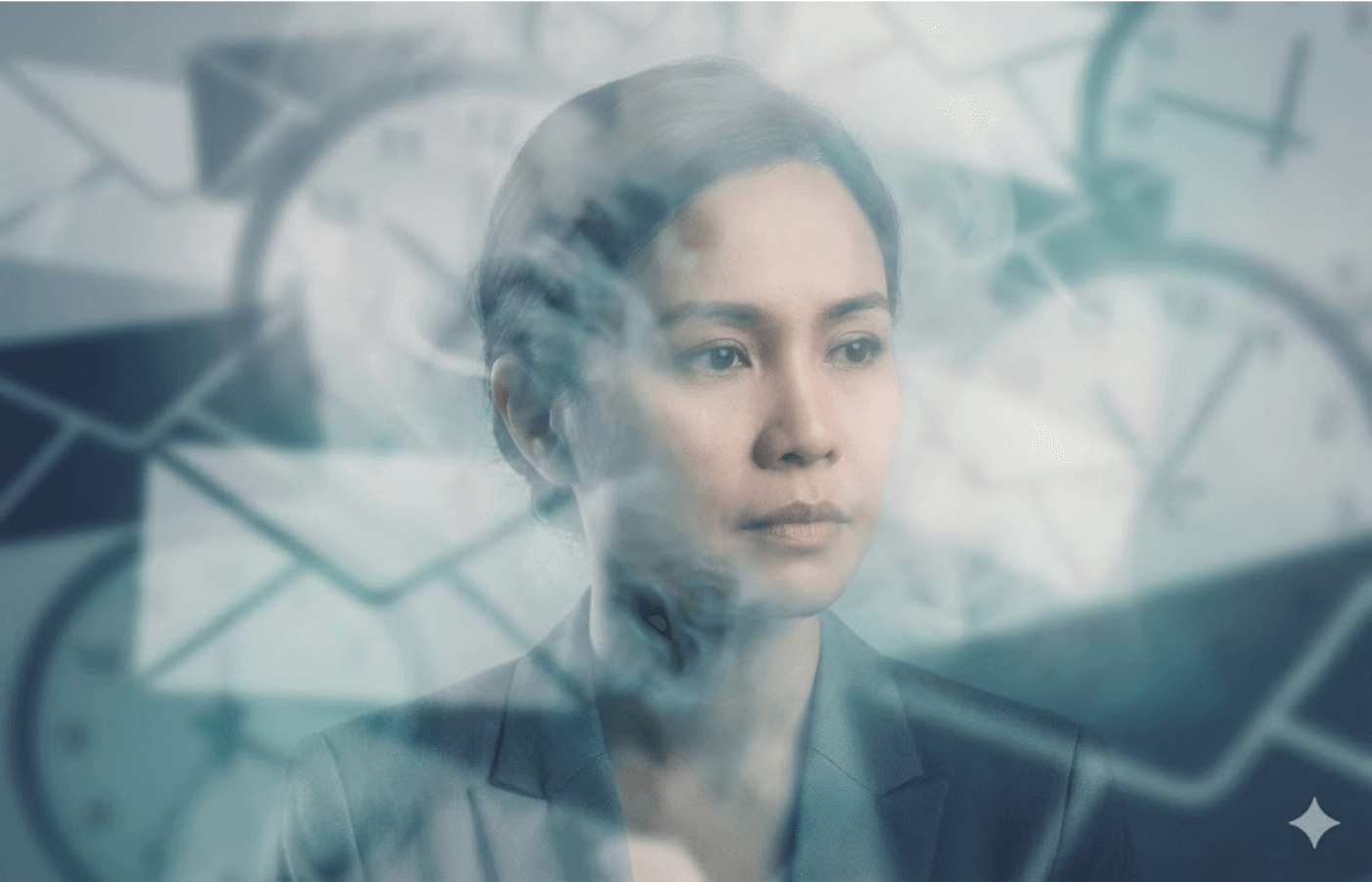 Filipino office worker staring at a computer screen with a tired “brain fog” expression and a coffee cup nearby
