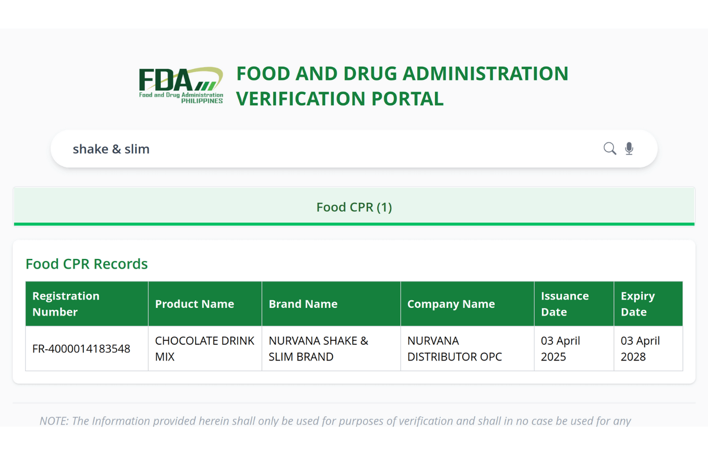 FDA verification portal showing Shake & Slim Food CPR registration FR-4000014183548