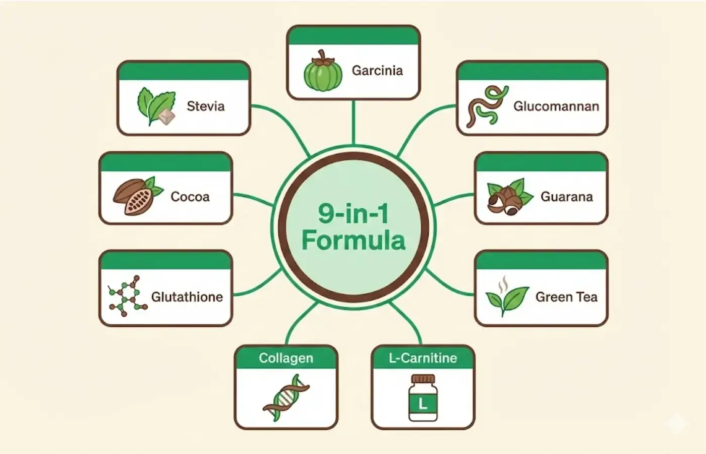 Infographic showing Shake & Slim 9 ingredients: Garcinia, Glucomannan, Guarana, Green Tea, L-Carnitine, Collagen, Glutathione, Cocoa, Stevia