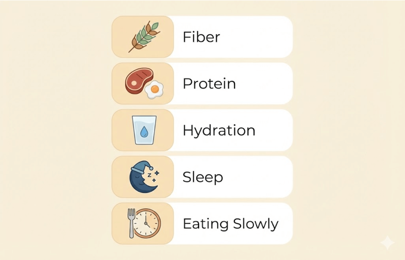 Infographic: 5 factors affecting satiety - fiber, protein, water, sleep, eating speed