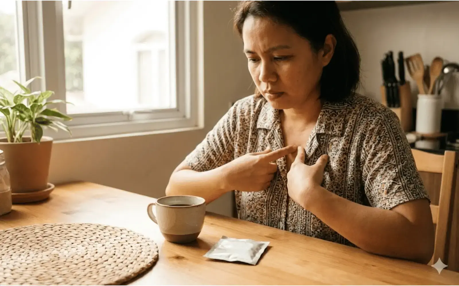 Person checking pulse, concerned expression, coffee cup nearby