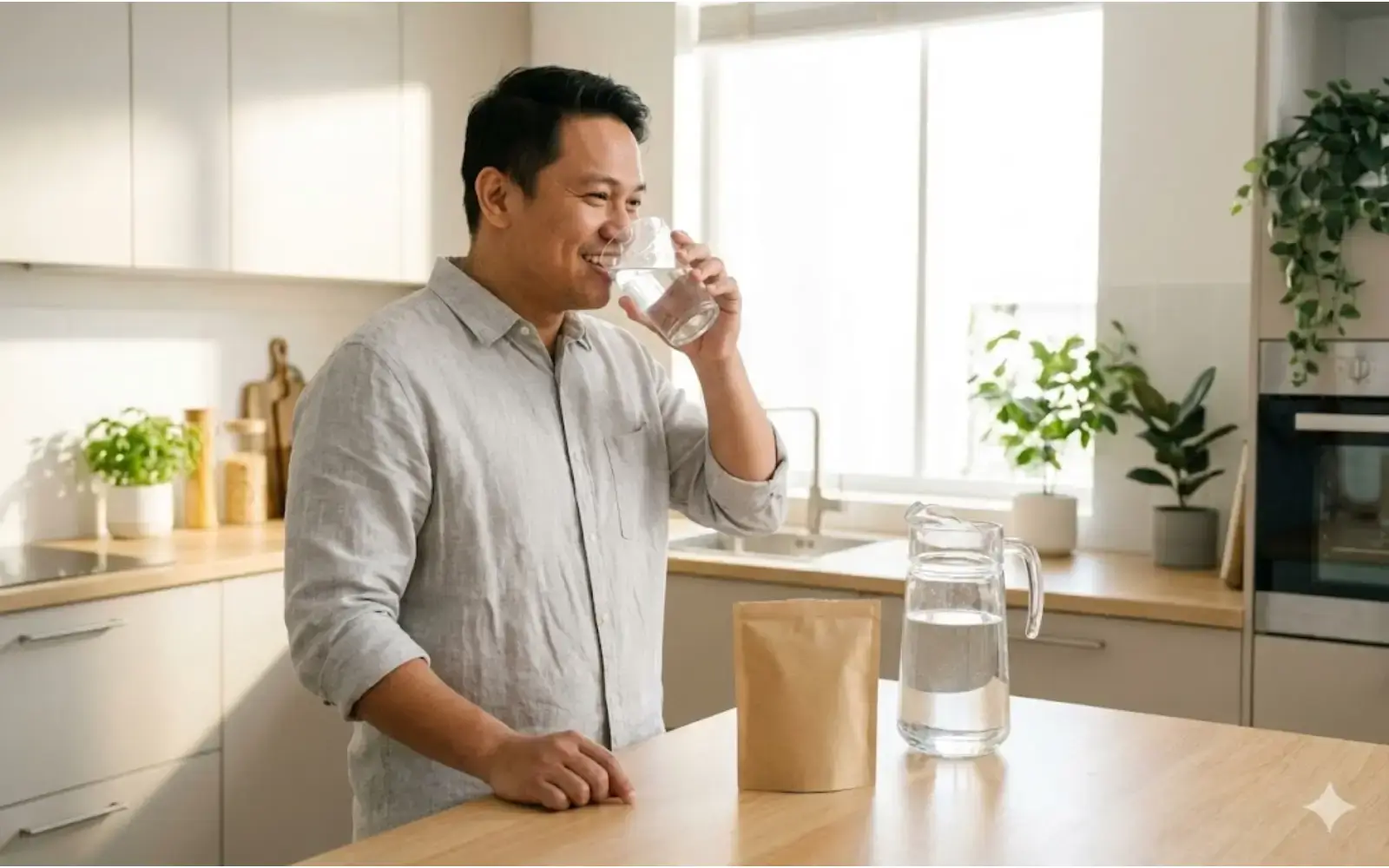 Person drinking large glass of water with fiber supplement sachet nearby