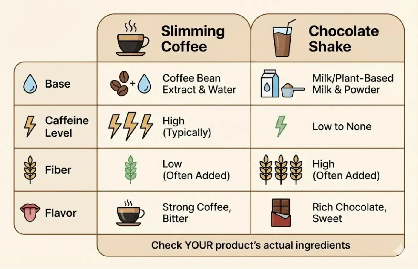 Comparison chart: slimming coffee vs chocolate shake features