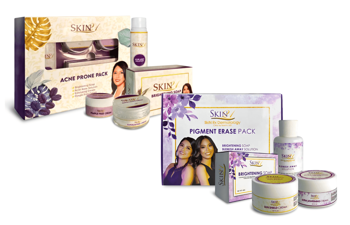 Flat lay of skincare products representing cleansers, serums, creams, and sunscreen