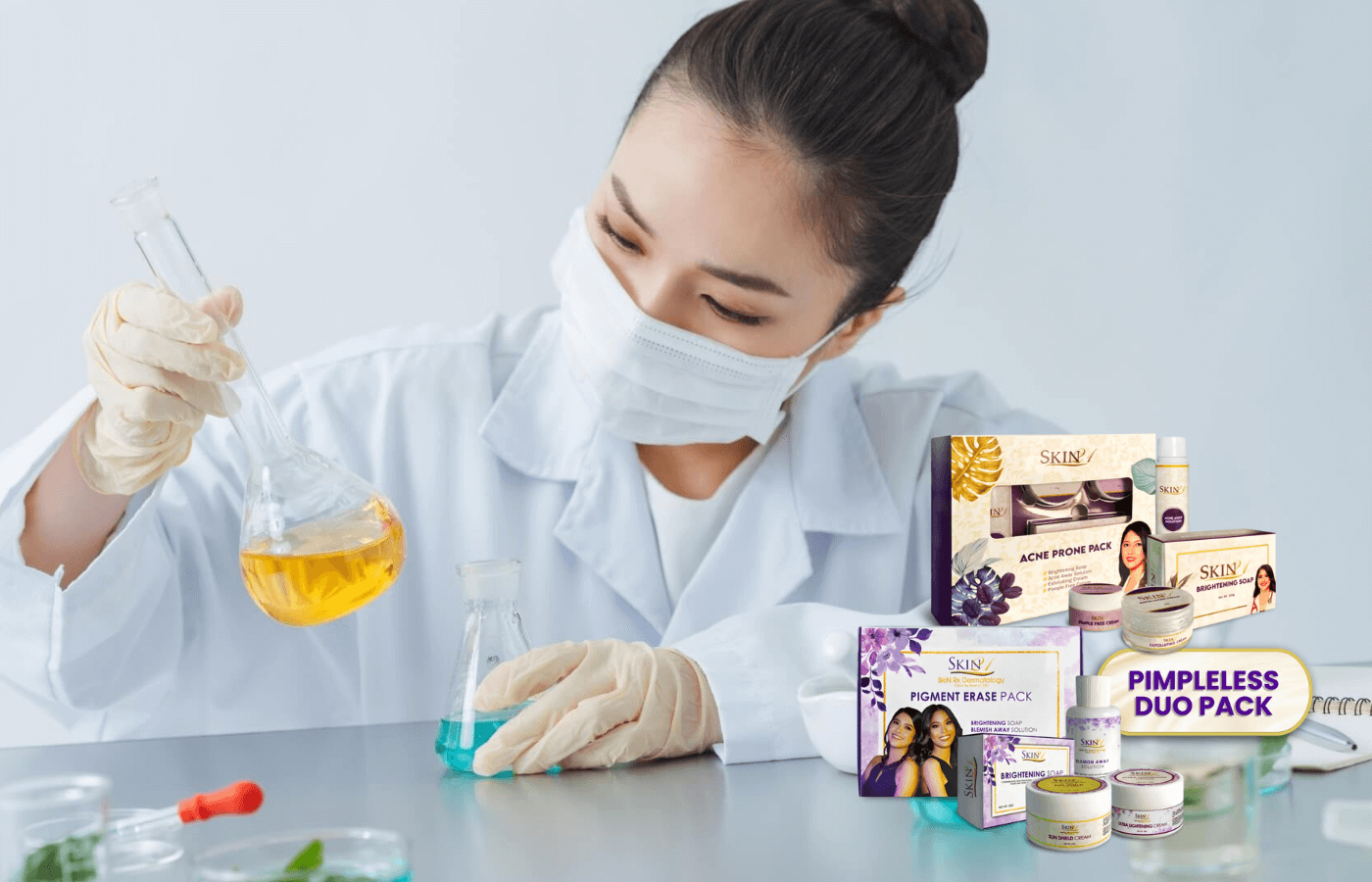 Skin21 skincare products arranged on clean marble surface with soft lighting