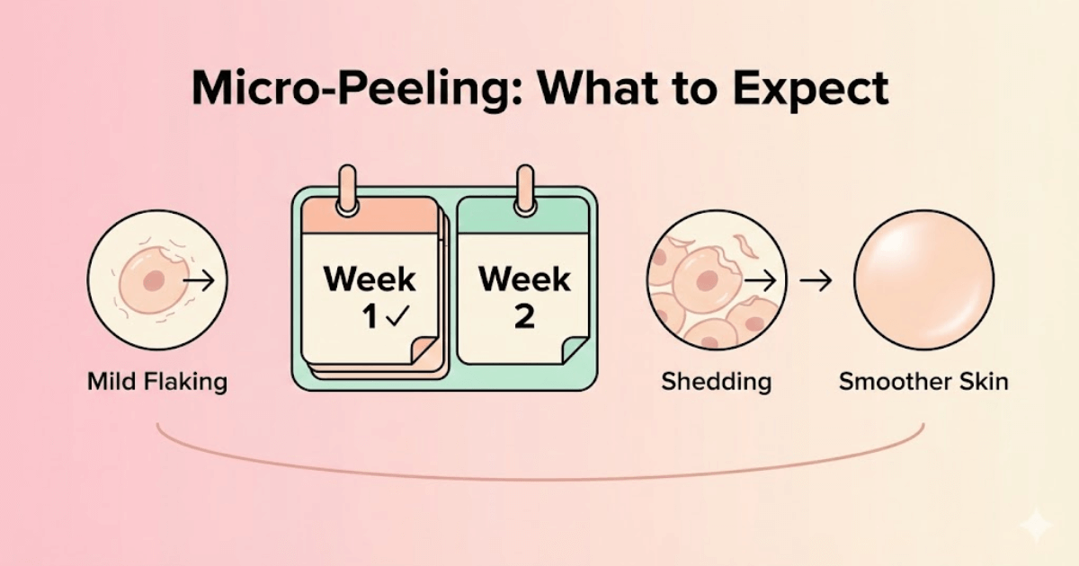 Timeline showing Week 1 adjustment, Week 2 peeling, Week 3-4 recovery