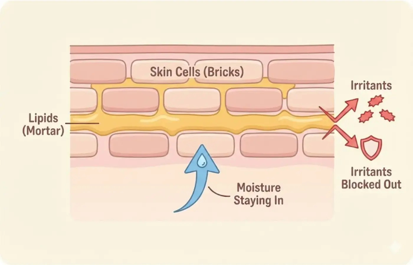 Simple diagram showing skin barrier with bricks and mortar analogy