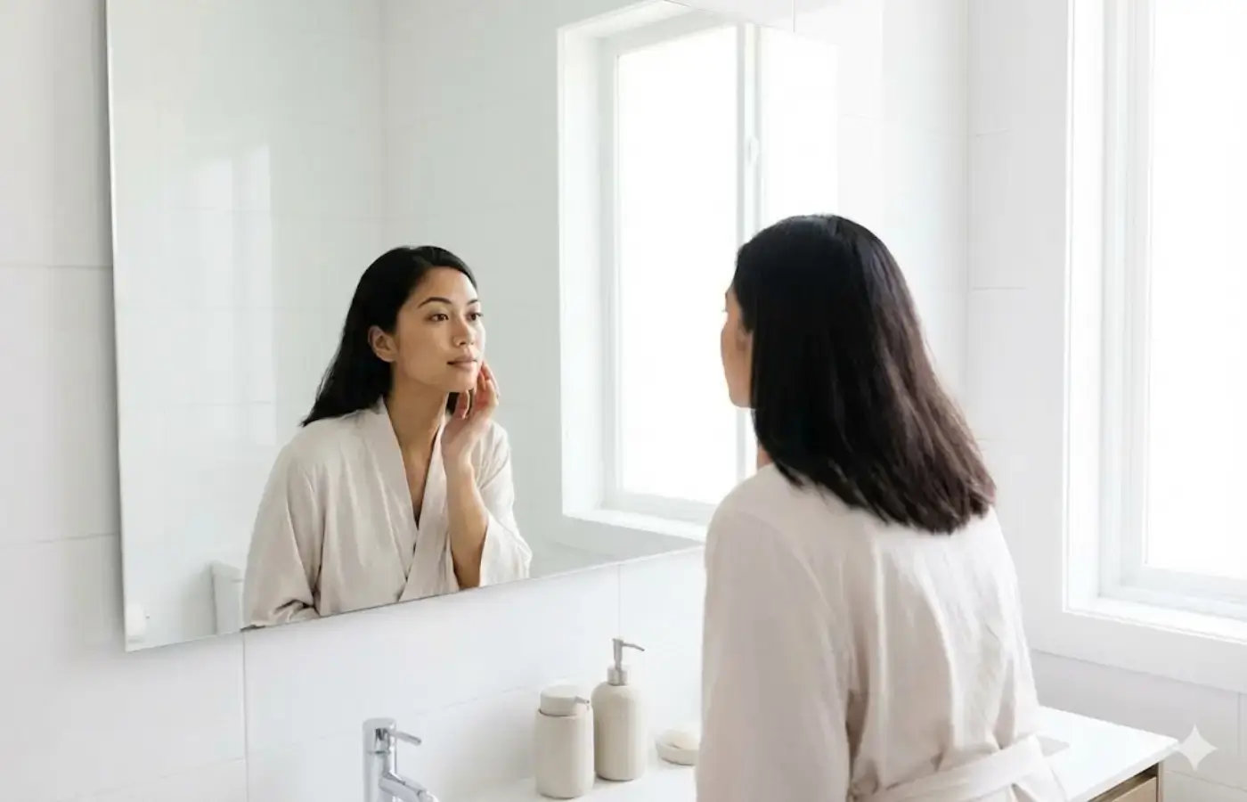 Person examining skin in mirror, considering whether reaction is normal
