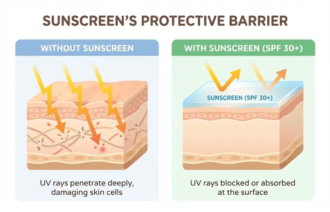 Diagram showing UV rays penetrating exfoliated skin vs protected skin